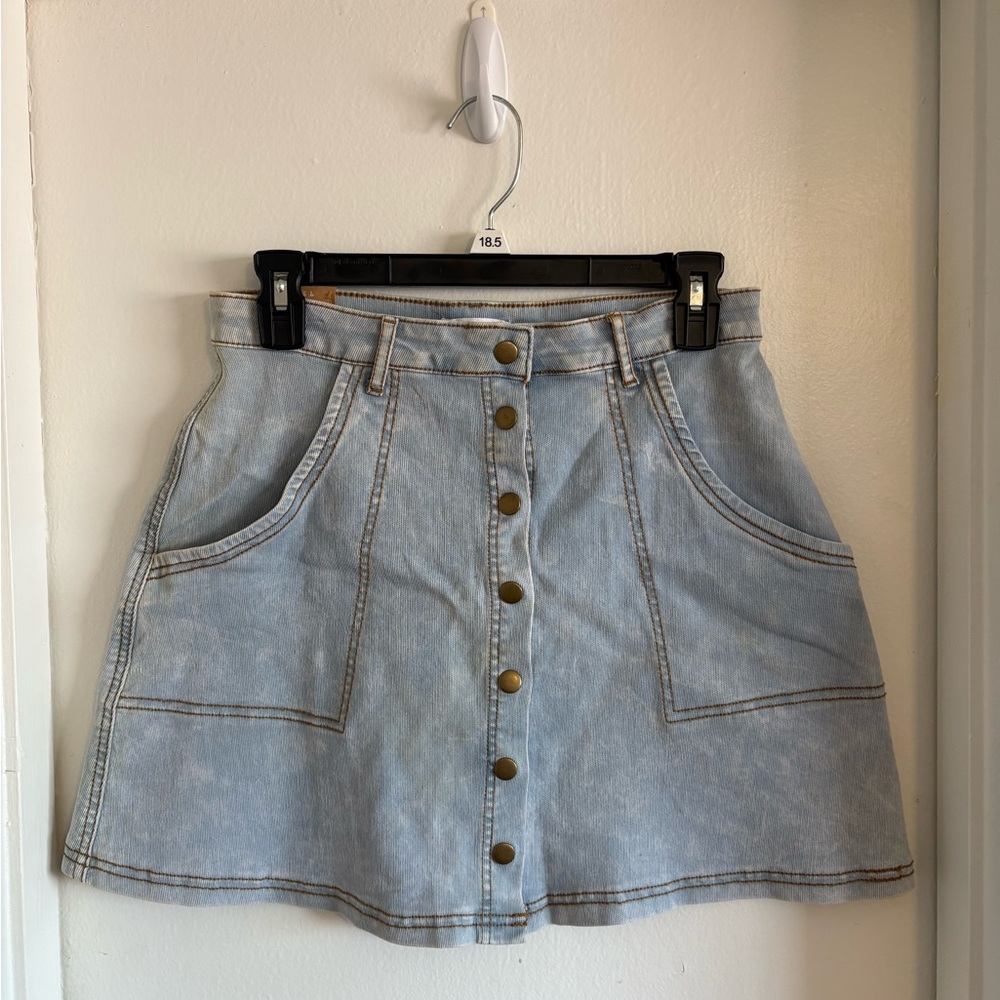 Light Blue Denim Button-Front Skater Skirt